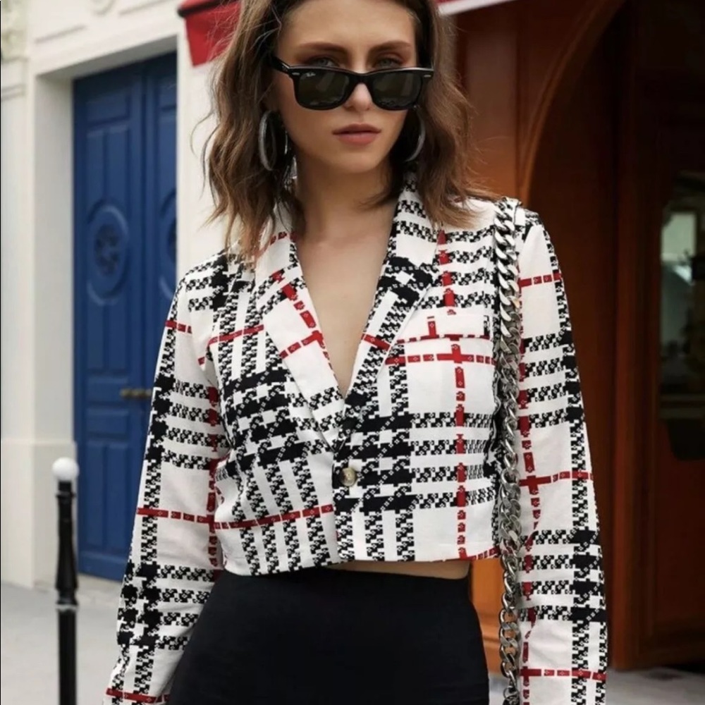 Plaid Single Button Crop Blazer